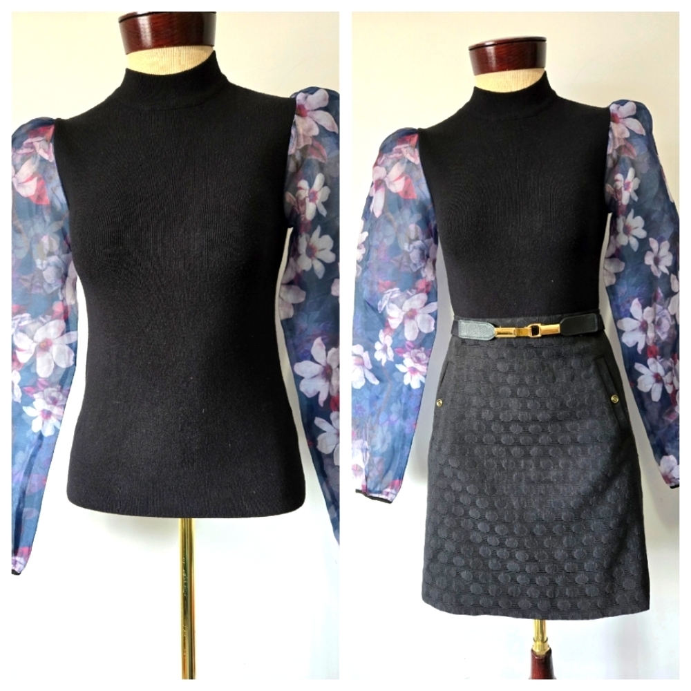 APRICOT Black Ribbed Top with Floral Sheer Sleeves. Size XS